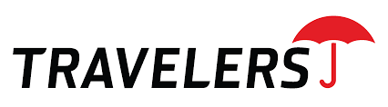 Travelers logo: Black text with a red umbrella. 
