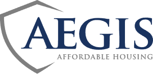 Logo for Aegis Affordable Housing; navy blue text and a grey shield design on a white background. 