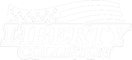 a white logo with the words `` liberty collision '' on a white background .