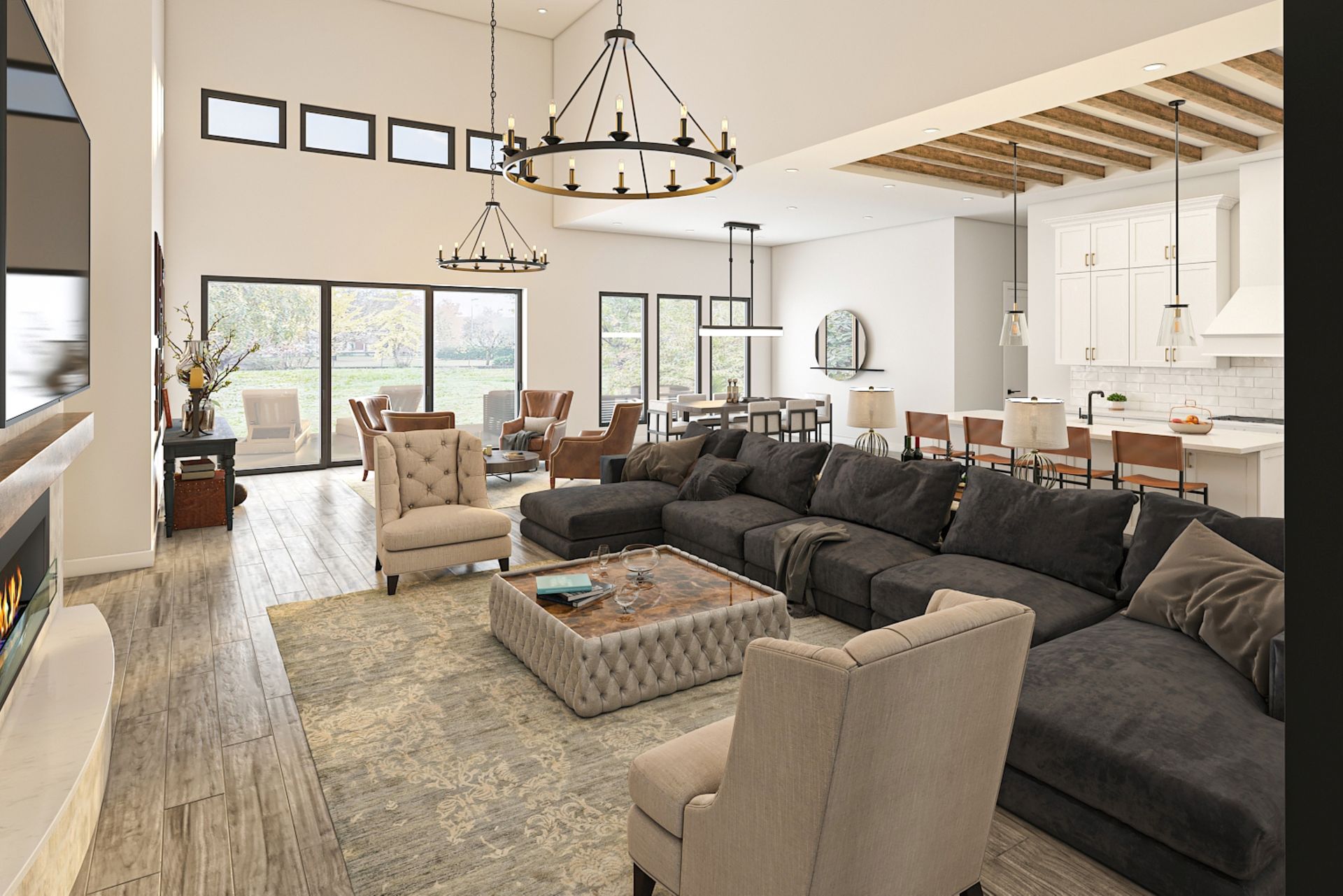 Modern living room with open layout, sectional sofa, and kitchen in background.