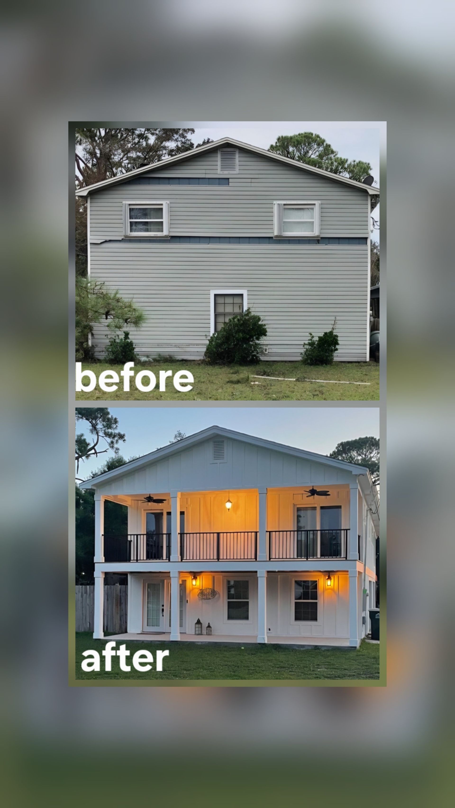 Before-and-after of a house renovation: gray siding to a white, two-story house with balconies and warm lighting.