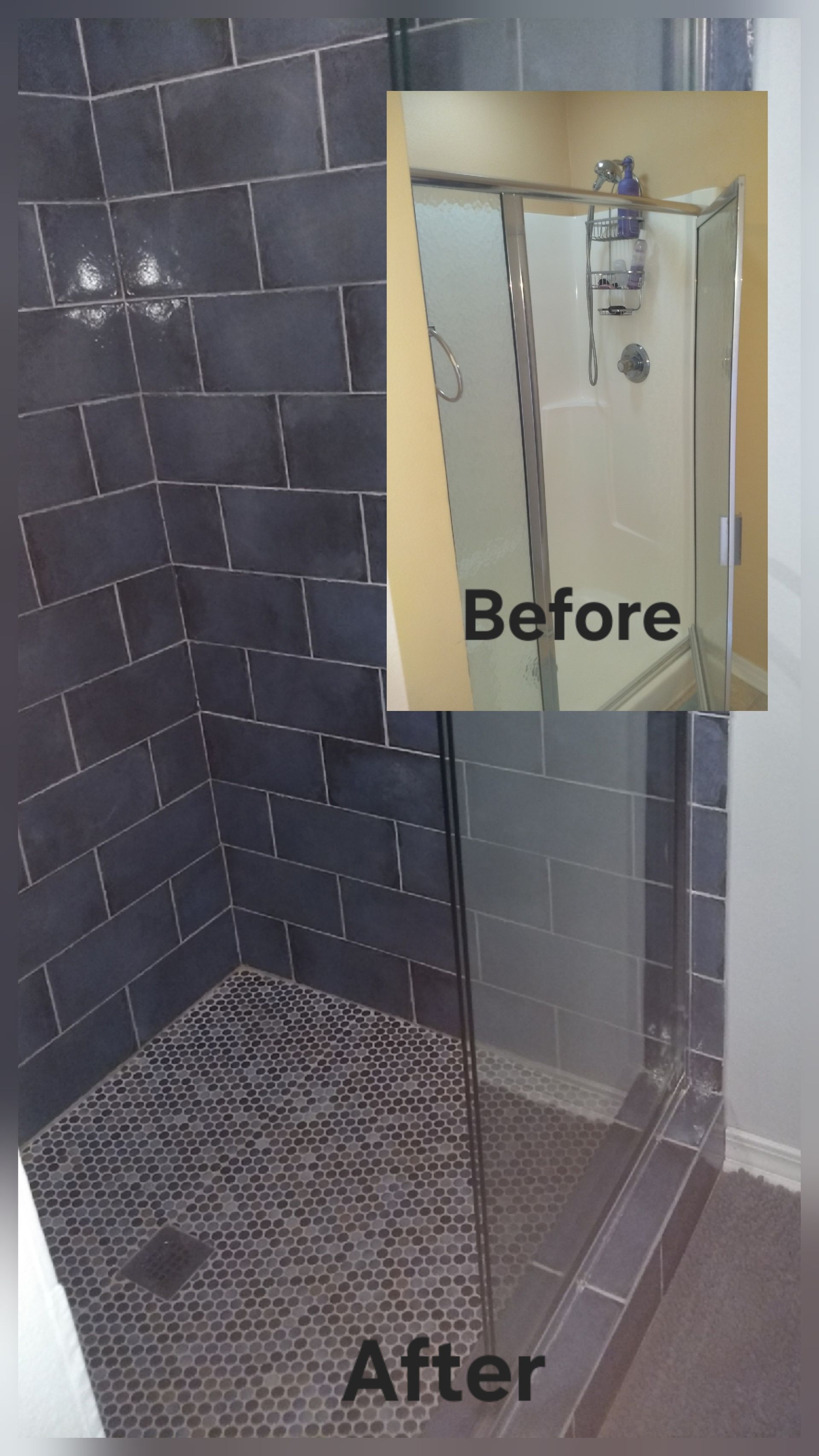 Shower remodel: dark tiled walls and floor, new glass door. Before photo shows old shower with frosted glass.