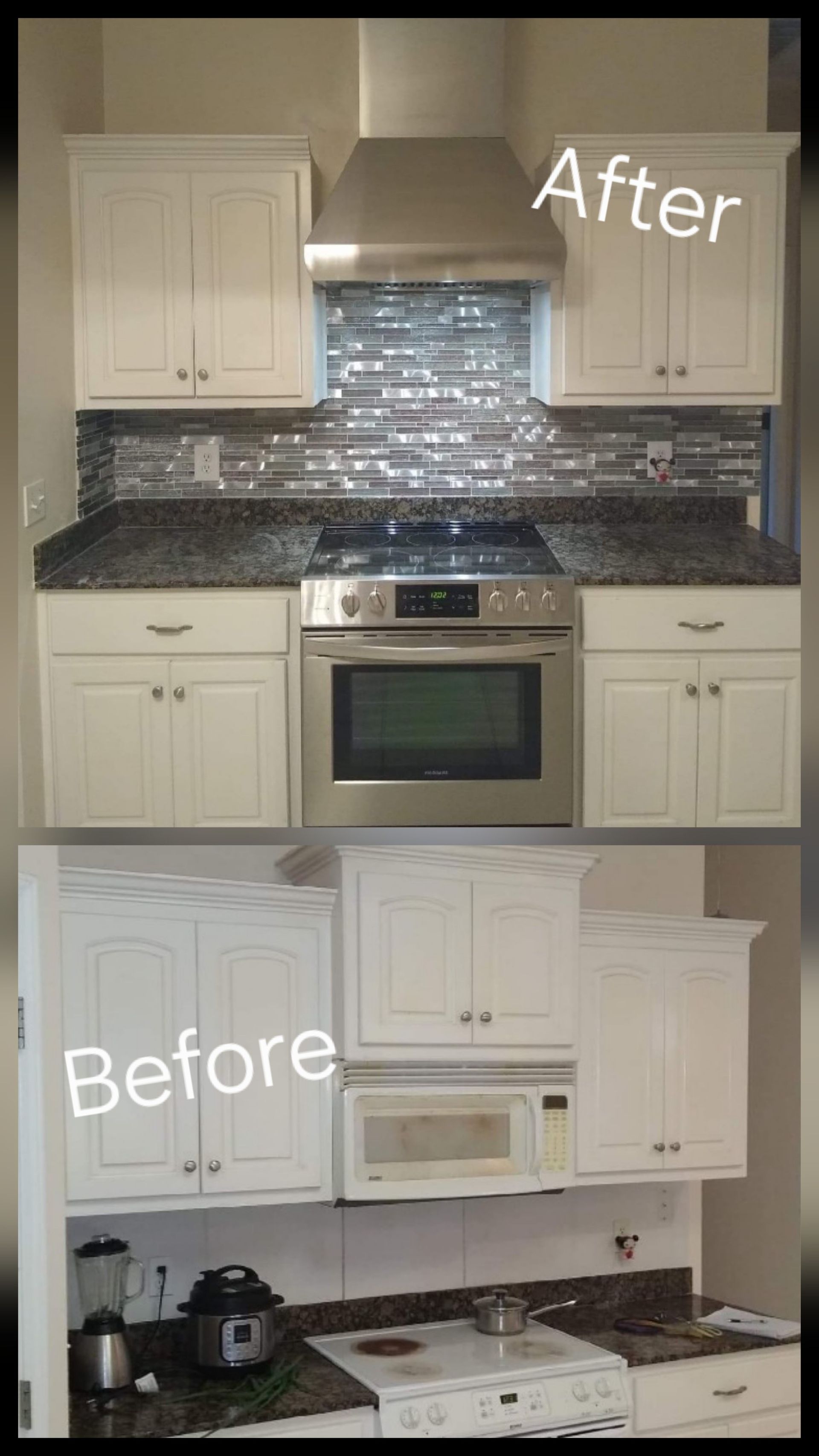 Kitchen remodel comparison: white cabinets, new backsplash & oven. 