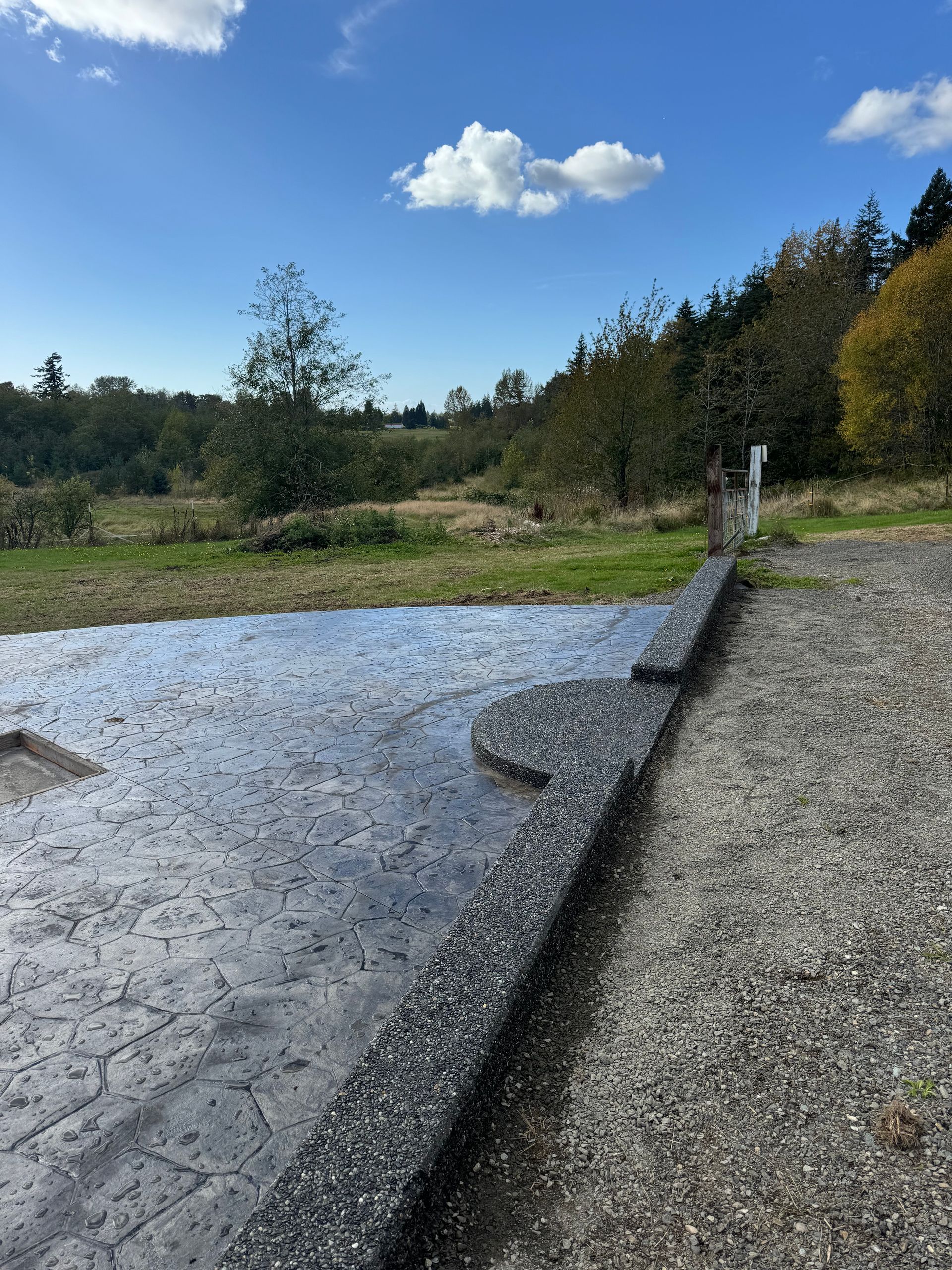 A gravel road going through a field with trees in the background