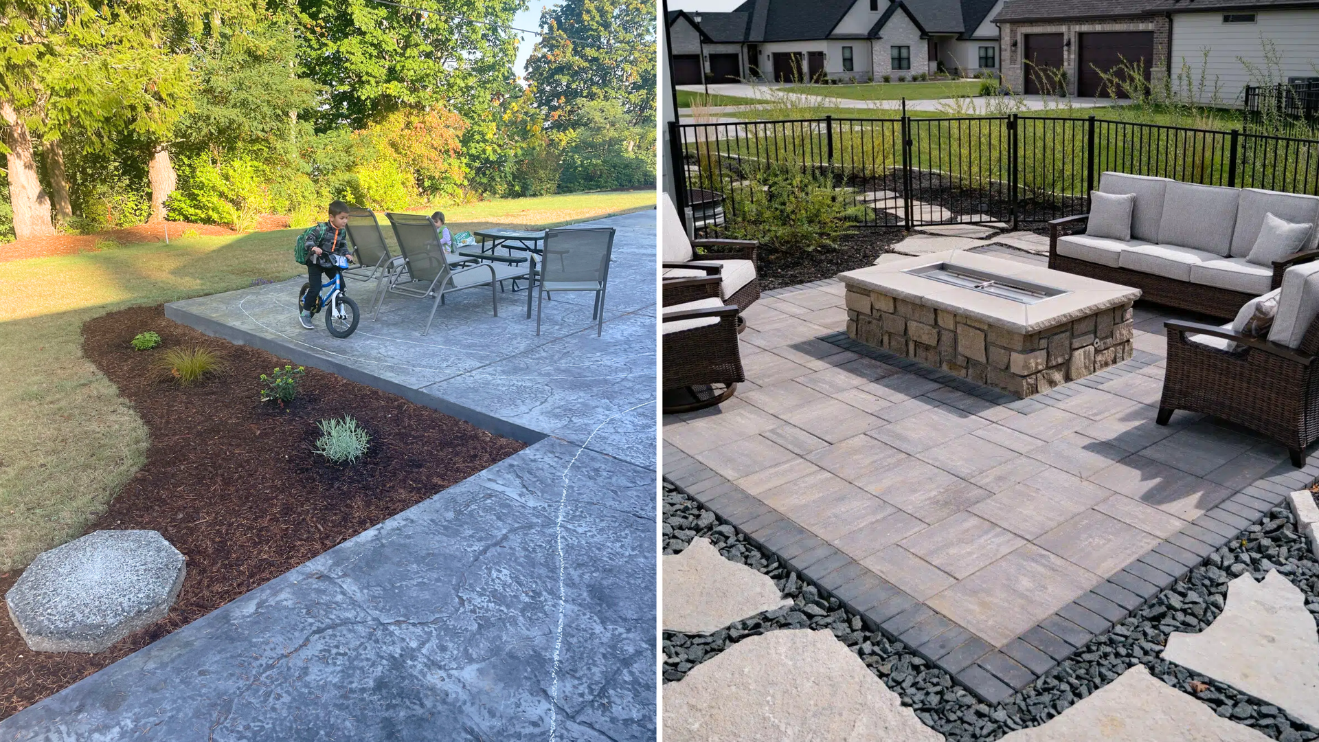 Side by side comparison of stamped concrete patio and paver patio for Bellingham WA homeowners