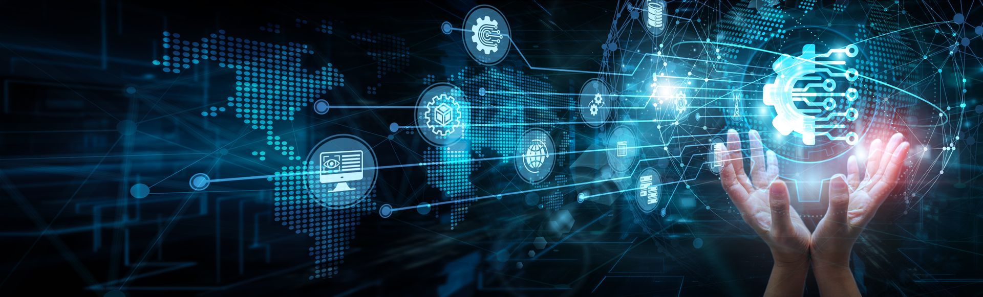 Hands cupping a glowing digital sphere with network connections, world map, blue, futuristic.