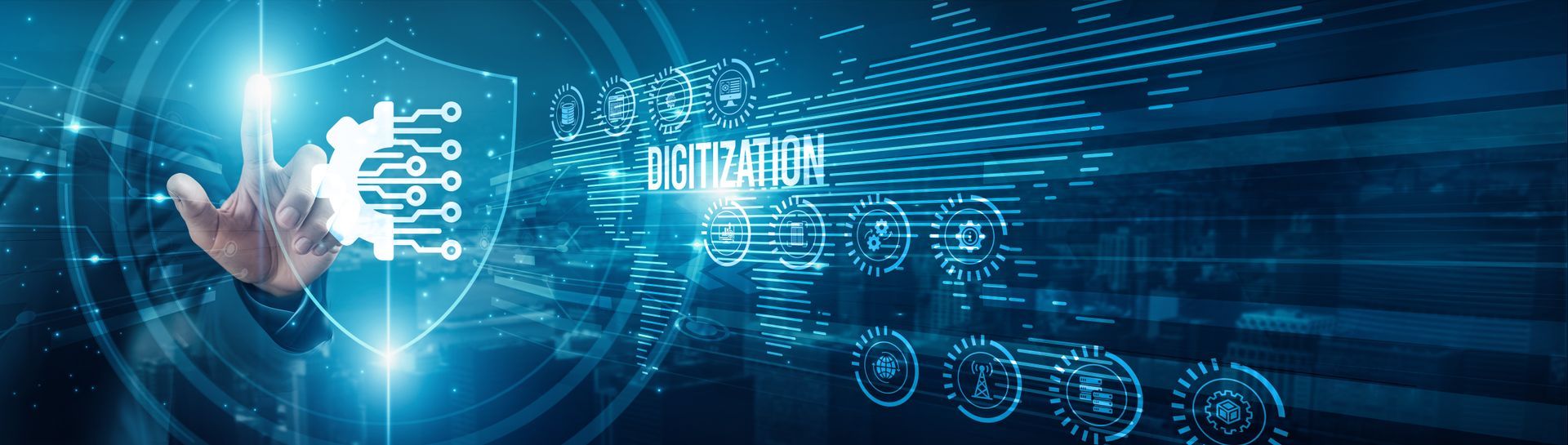 A hand touching a glowing shield with digital circuits and gear, with