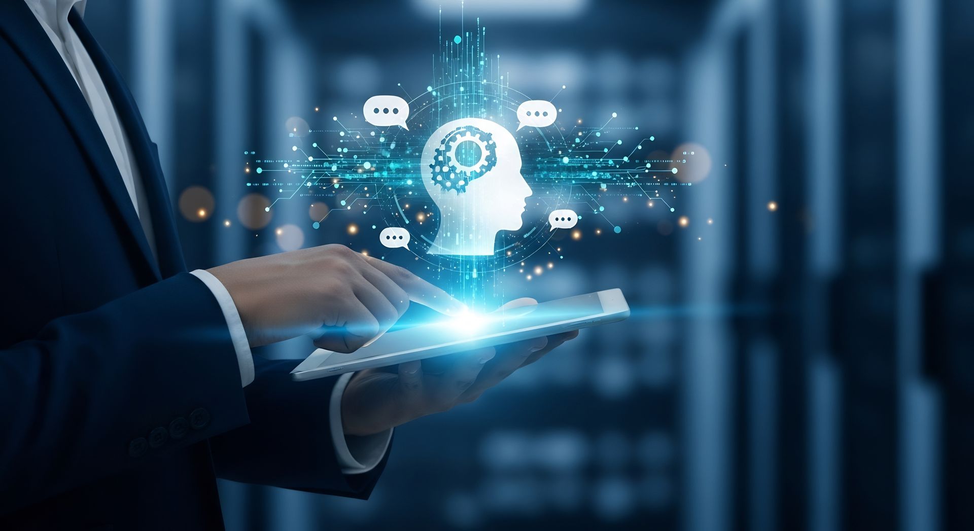 Person in suit uses tablet, generating an AI brain graphic with network connections in data center.