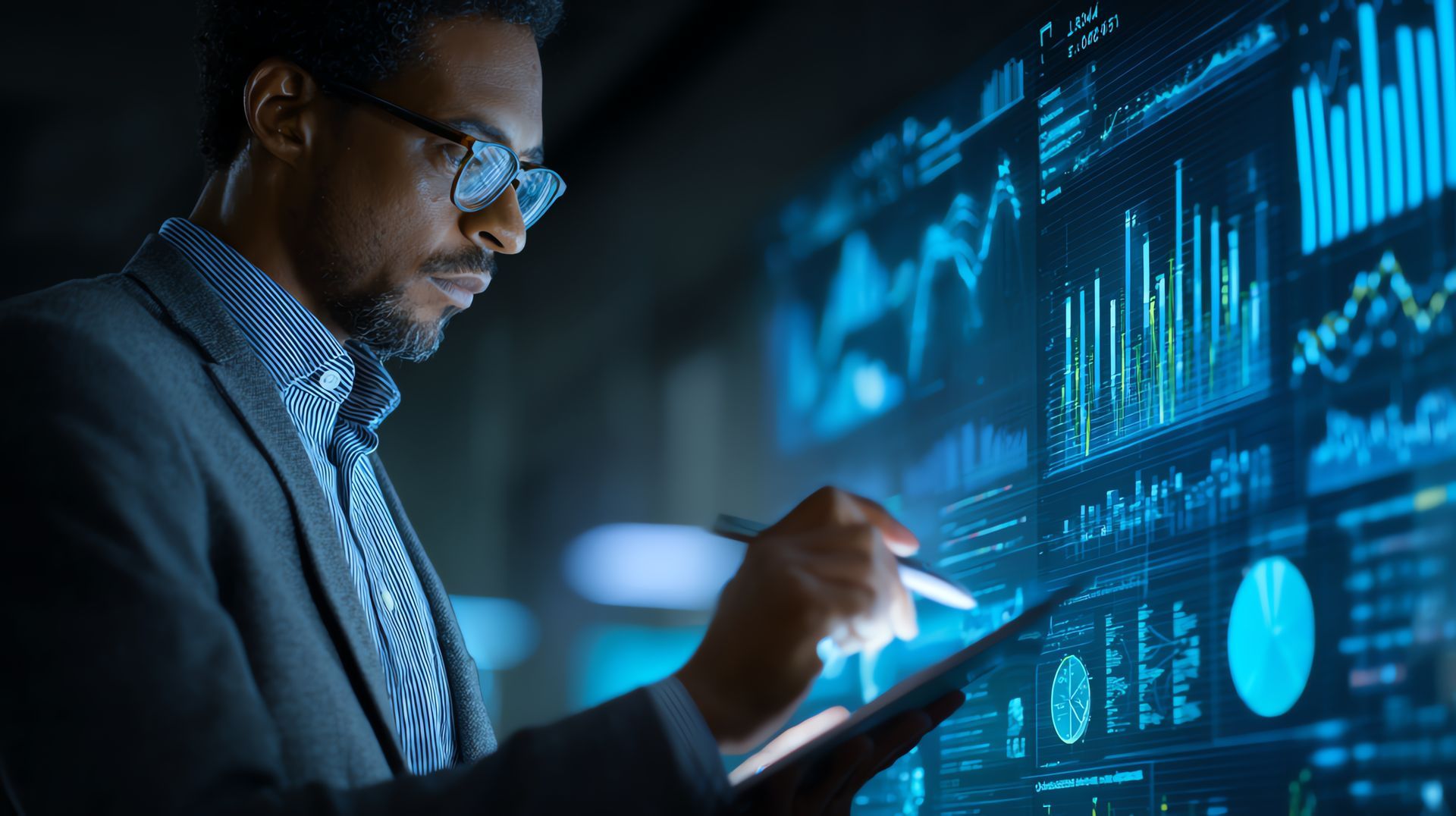 Person in suit using tablet; glowing brain-shaped graphic with data streams, server room background.