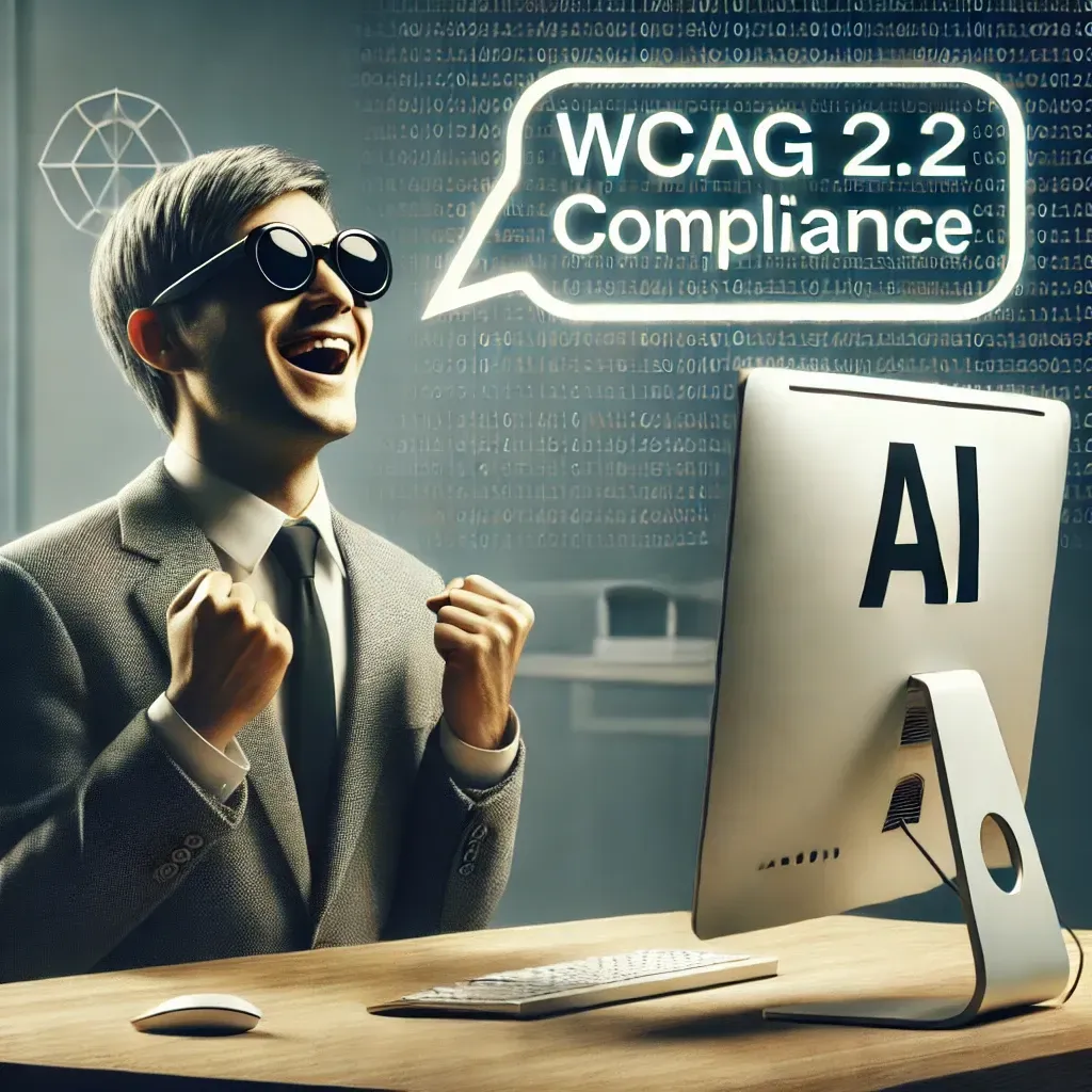 Una persona cieca, seduta alla sua scrivania, davanti al computer. Stare esultando perché, nel suo fumetto, si legge WCAG 2.2 compliance. Evidentemente sta navigando su dei siti completamente accessibili secondo la normativa vigente