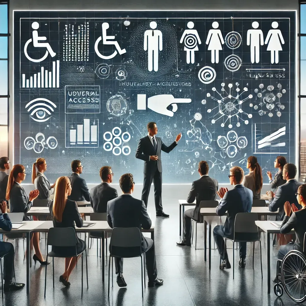 Un disegno fotografico, concettuale, dove ci sono persone in un'aula a formativa sui temi dell'inclusione. Sono tutti professionisti con e senza disabilità