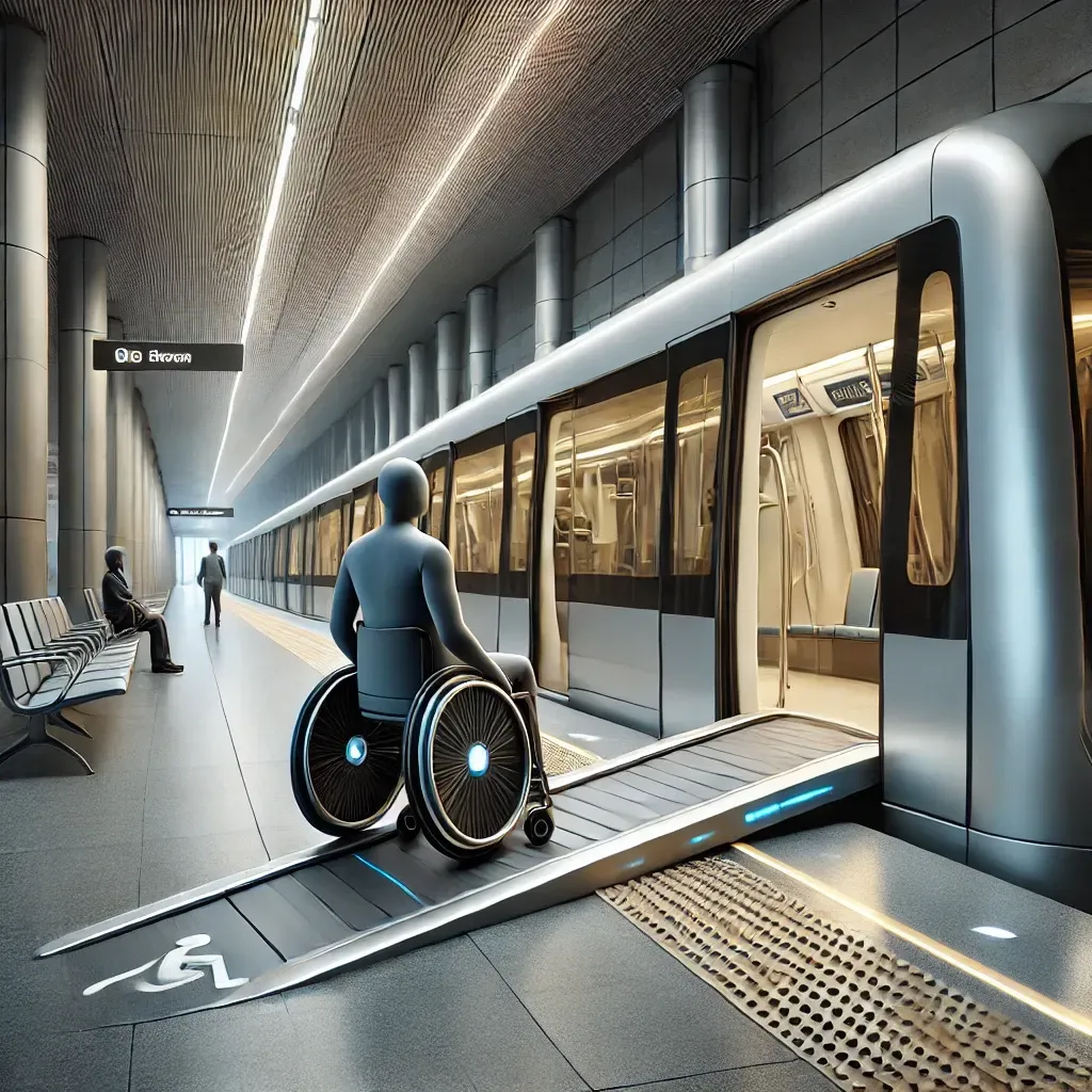 Disegno grafico, concettuale, Di Persona con disabilità su saggia ruote che sale su una metropolitana utilizzando una rampa che esce direttamente in modo automatico dalla banchina della fermata