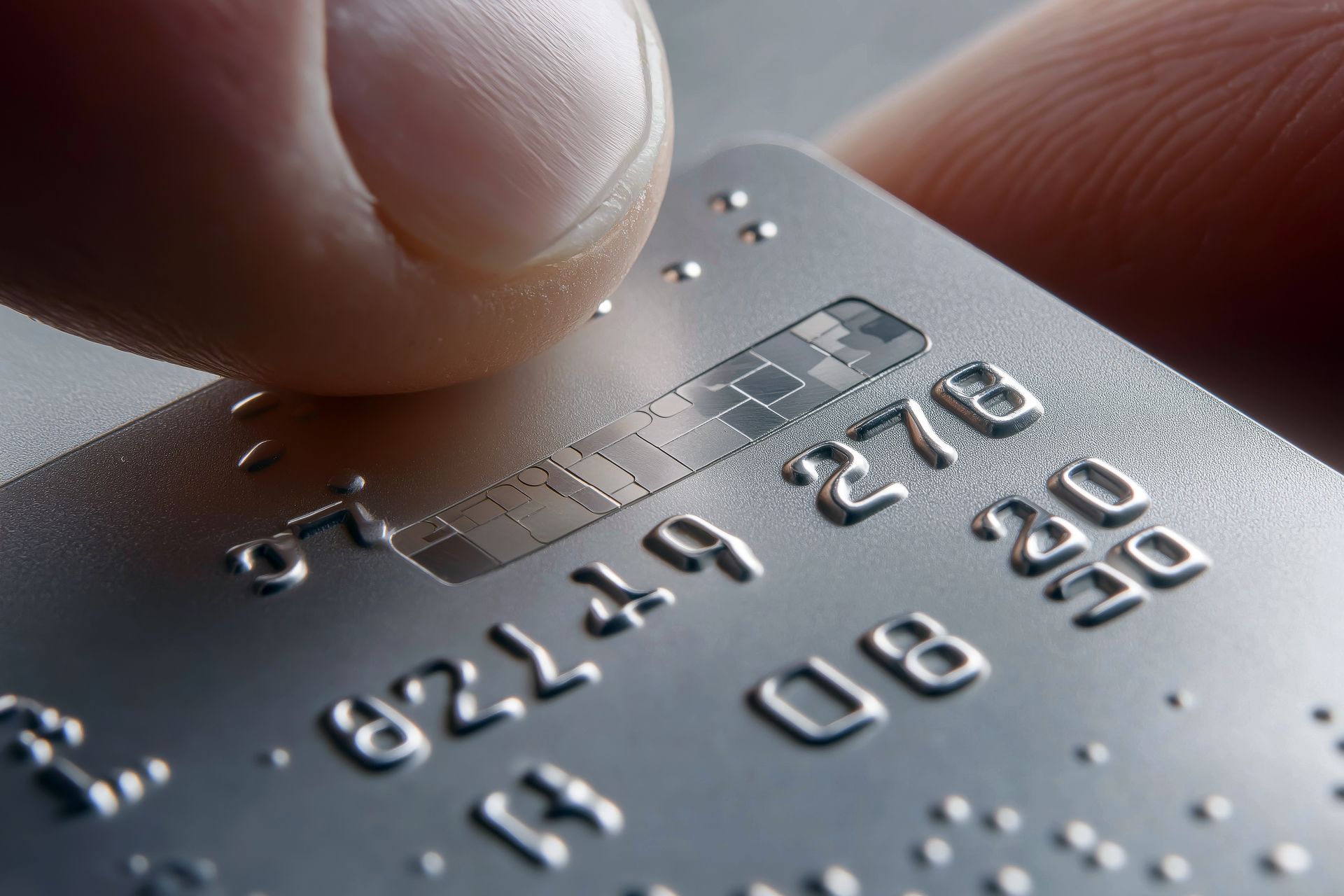 Un dito di una mano tocca una carta di credito dove ci sono delle scritte Braille. Evidentemente si tratta di una carta di credito accessibile anche alle persone cieche.