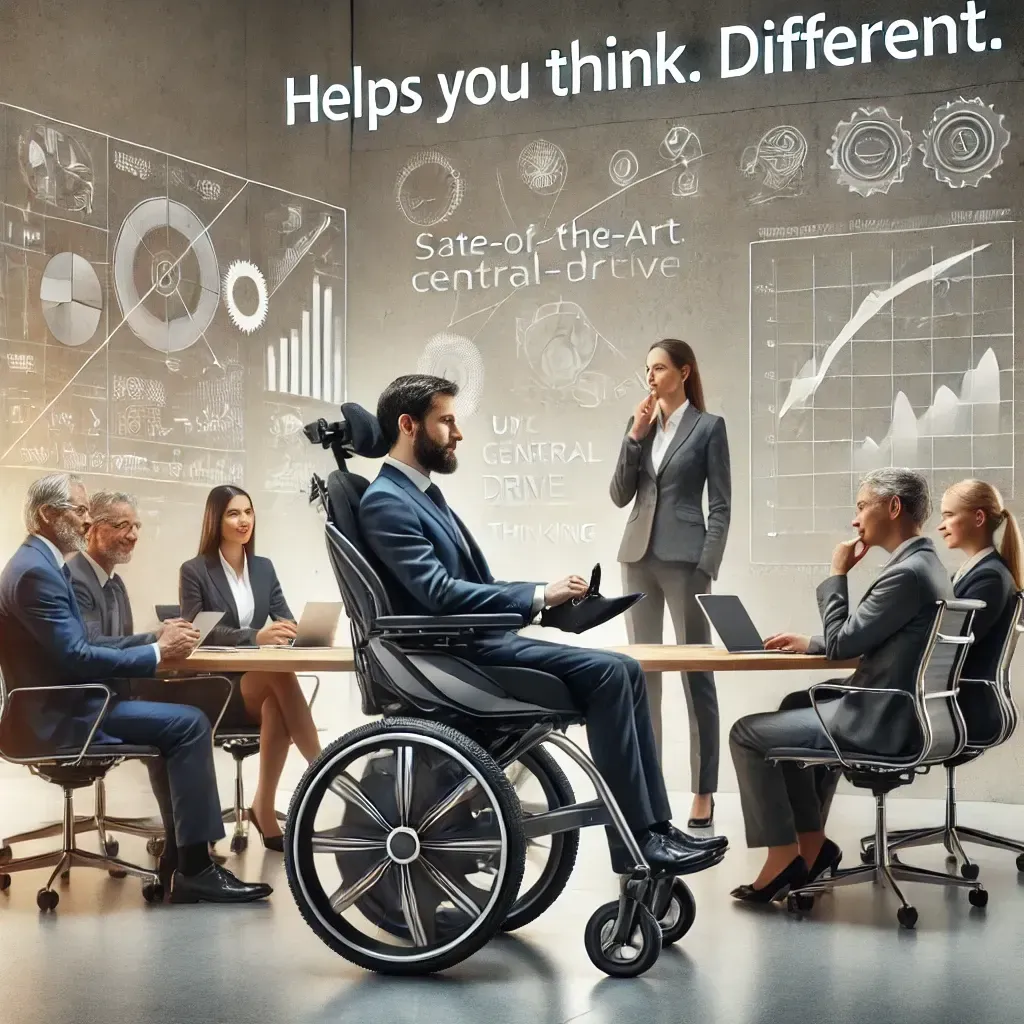 Un disegno fotografico, concettuale, dove in un contesto professionale di persone riflettono su come pensare differente. Sono tutte sedute a un tavolo di riunione.c'è anche una persona con disabilità su sedia a ruote elettronica