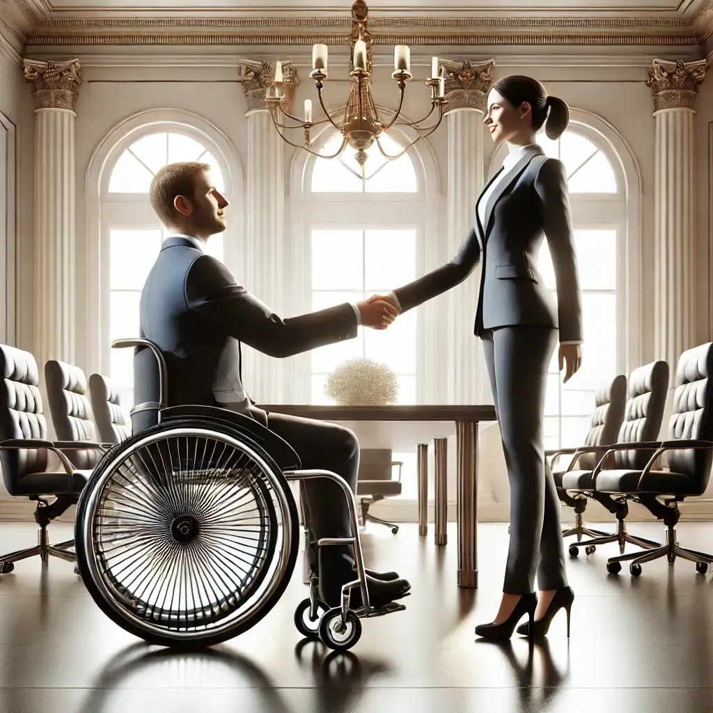 un disegno in stile fotografico, concettuale di due persone che si stringono la mano in una sala riunioni di un contesto istituzionale; una delle due persone è con disabilità su sedia a ruote