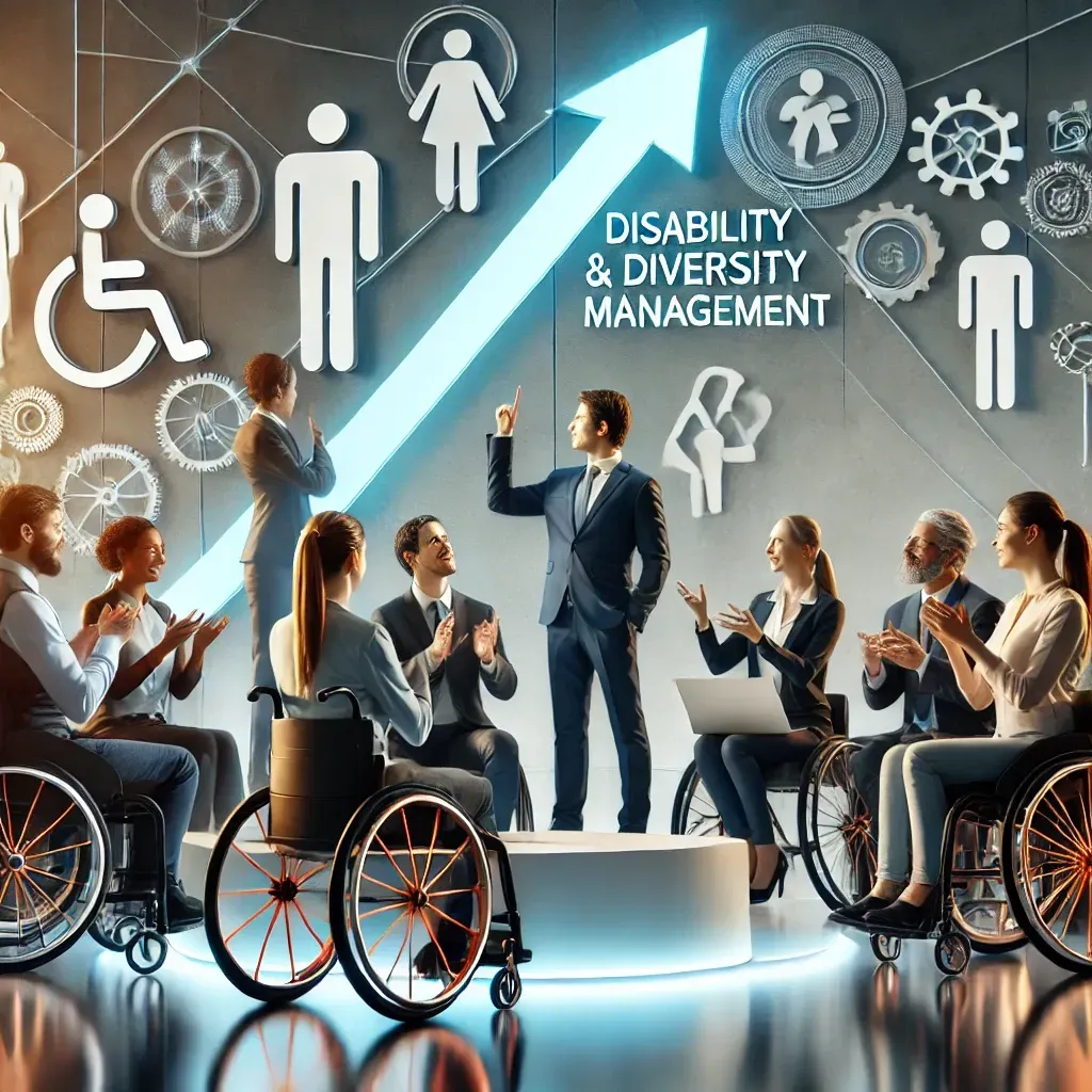 Un disegno fotografico dove ci sono delle persone che in uno riunione ragionano sul disability & diversity management. Sono presenti persone con e senza disabilità
