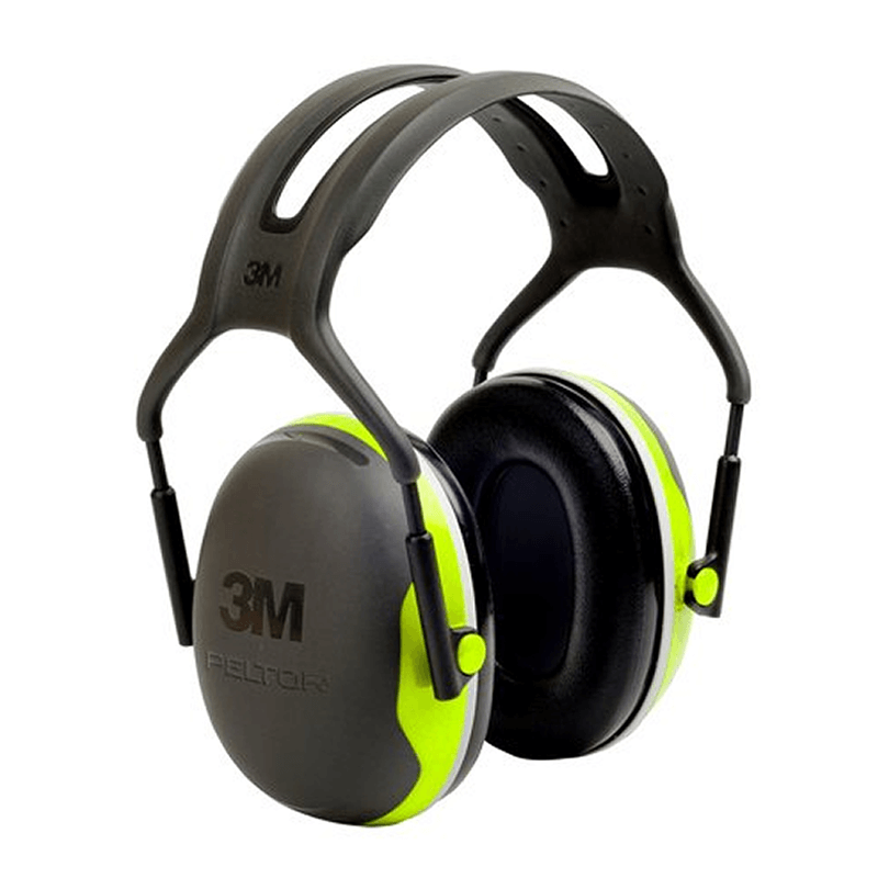 Orejeras 3M Peltor grises y verde neón para protección auditiva.