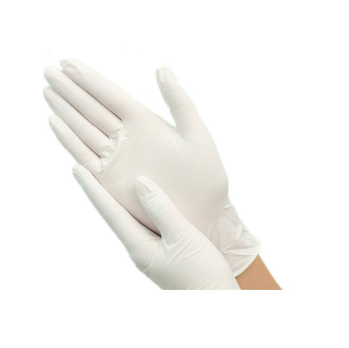 Guantes de látex blancos en las manos de una persona, con una mano abierta y la otra colocada de forma que quepa dentro.