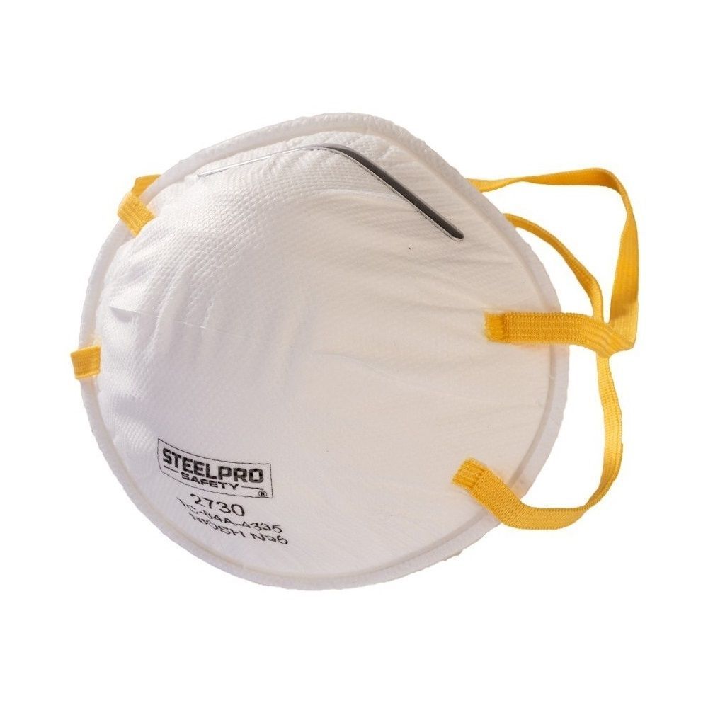 Mascarilla respiratoria de seguridad Steelpro blanca con correas amarillas.