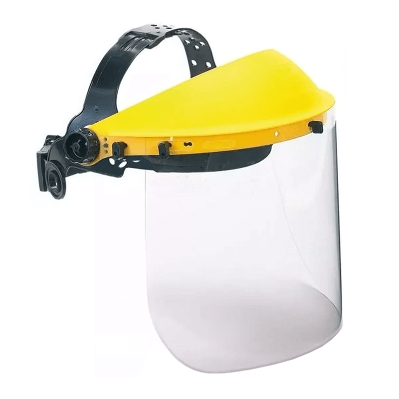 Pantalla facial amarilla y negra con visor transparente, para protección.