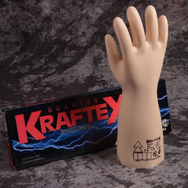 Guante de goma de electricista y caja etiquetada como