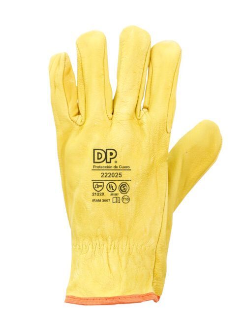 Guante de trabajo de cuero amarillo con ribete naranja y logotipo