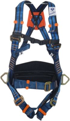 Arnés de seguridad azul y naranja con correas para hombros, pecho y piernas, con soporte acolchado para la espalda y anillas en D.
