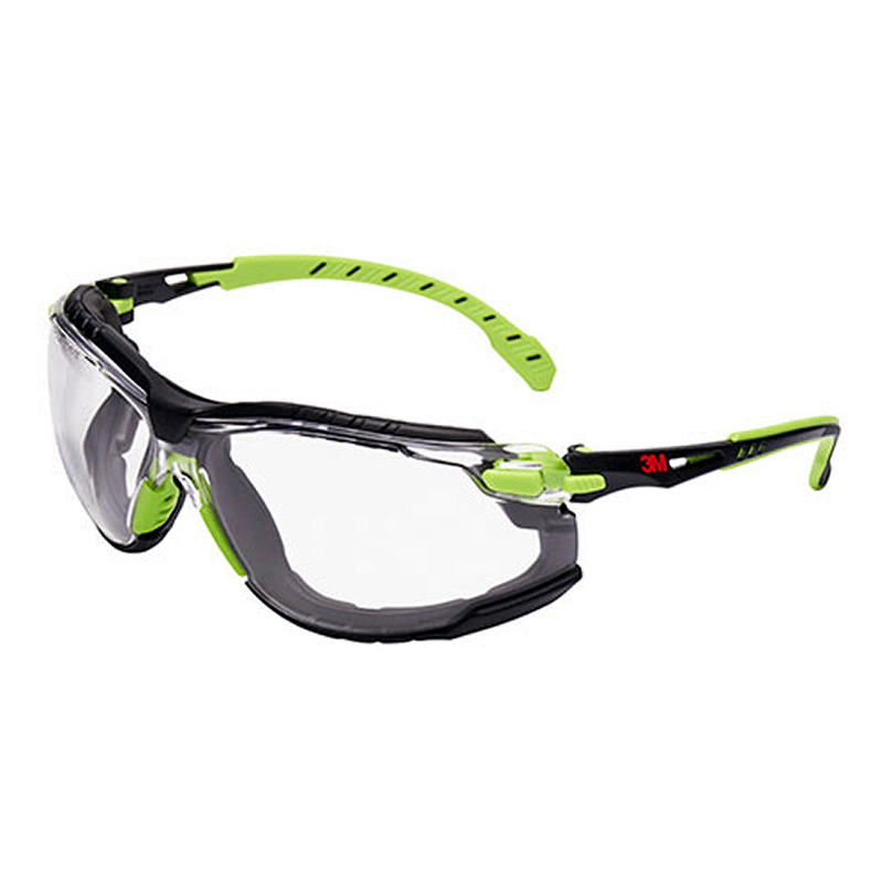 Gafas de seguridad verdes y negras con lentes transparentes.