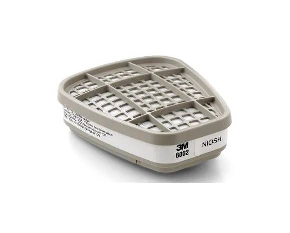 Cartucho para respirador 3M 6002, blanco y gris, con la etiqueta NIOSH.