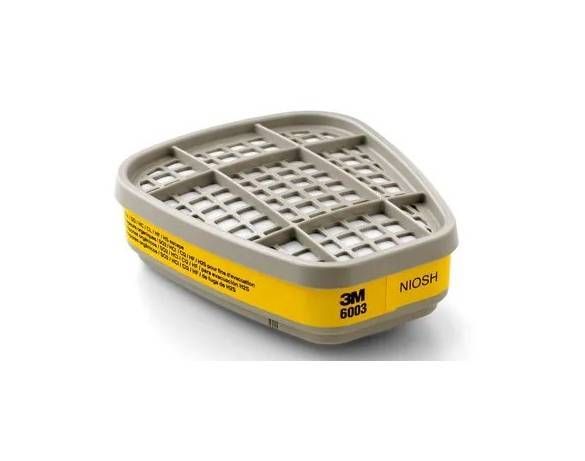 Cartucho para respirador 3M 6003. Filtro rectangular amarillo y gris con superficie cuadriculada. Aprobado por NIOSH.