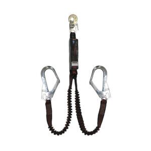 Cuerda de seguridad anticaídas con dos ganchos, negra y plateada.