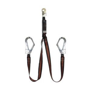 Cordón de seguridad marrón y plateado con dos ganchos y un conector superior.