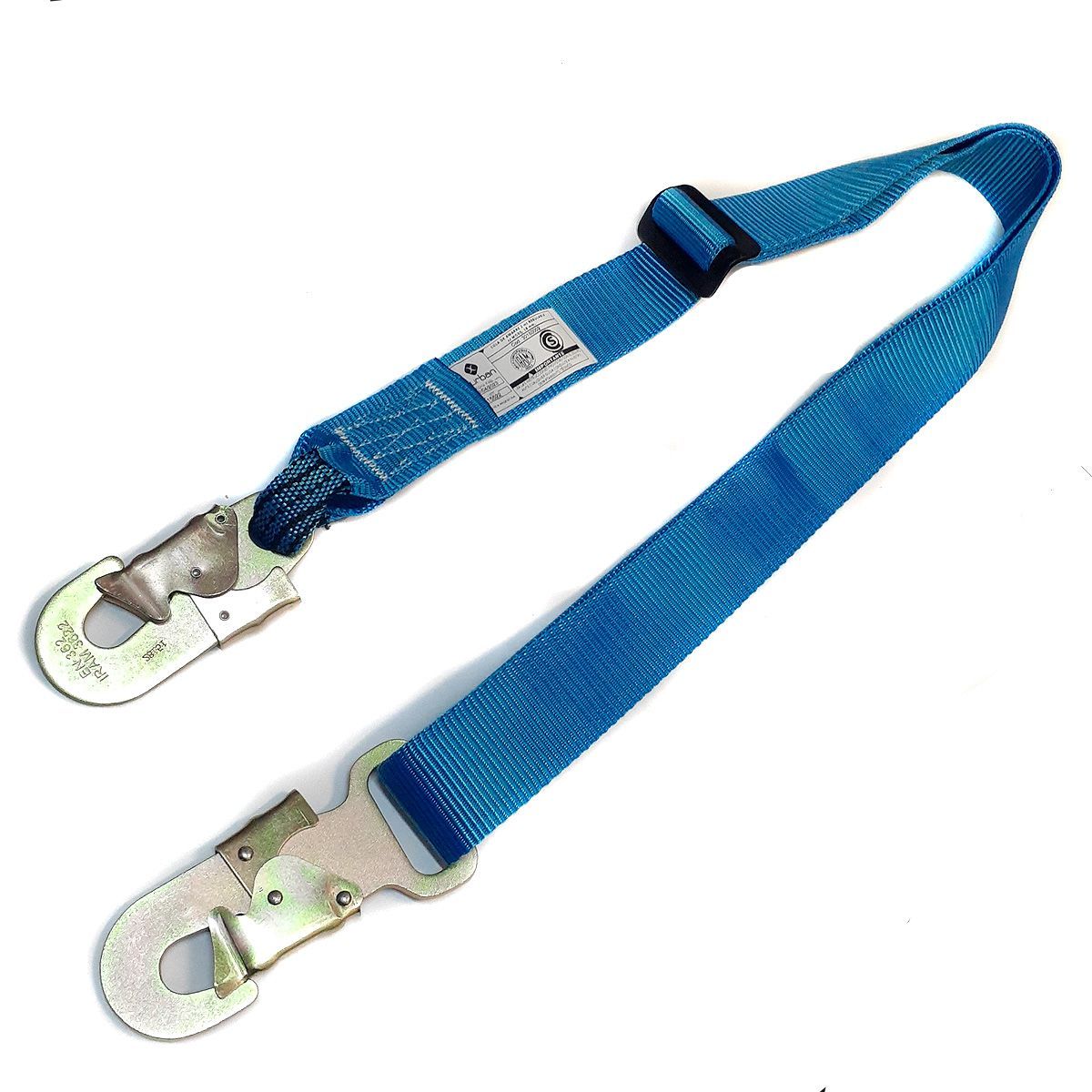 Cordón de seguridad azul con dos ganchos metálicos.