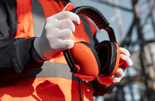 Persona que sostiene orejeras de color naranja, lleva guantes blancos y chaleco de seguridad de color naranja.