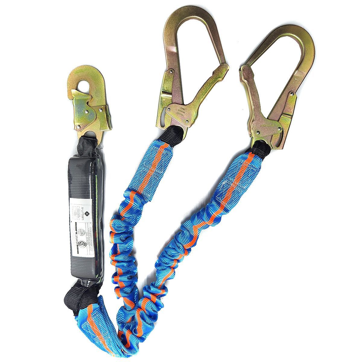 Cordón azul y naranja con dos grandes ganchos metálicos y un absorbedor de energía.