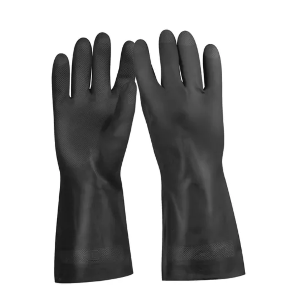 Guantes de goma negros, ambas manos visibles, sobre fondo blanco.