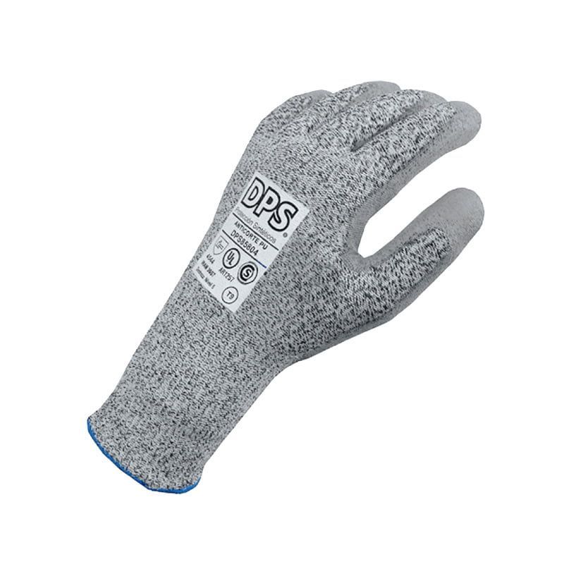 Guante de trabajo gris resistente a cortes, marca DPS, con etiqueta visible.