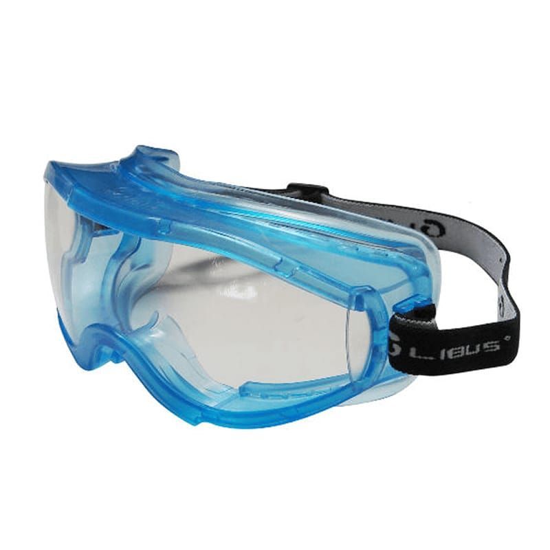 Gafas de seguridad azules con correa negra.