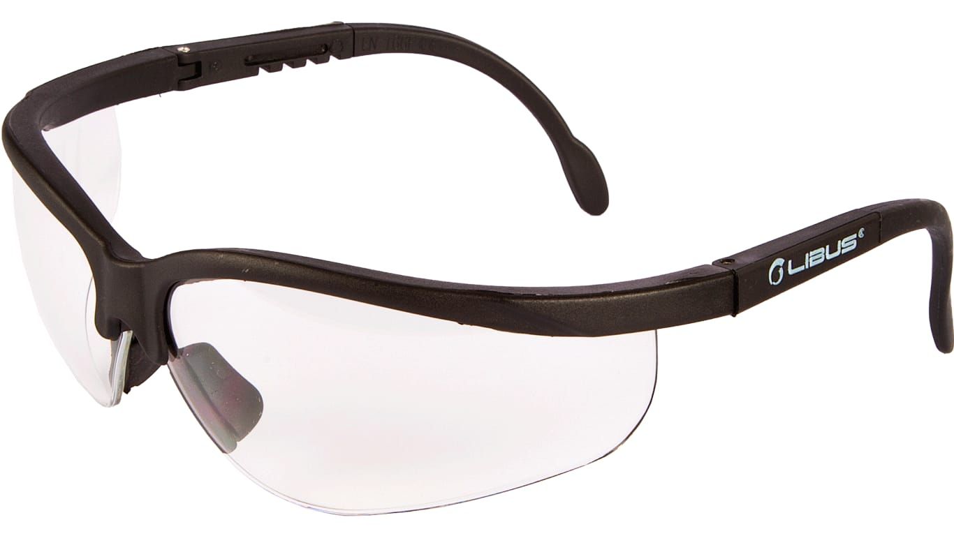 Gafas de seguridad negras con lentes transparentes.