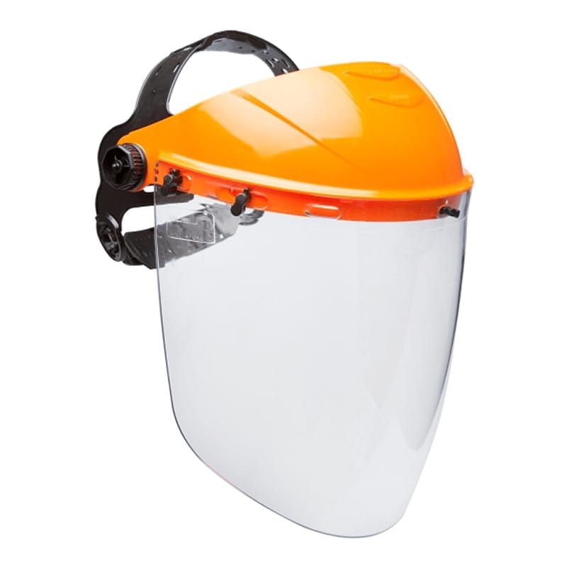 Protector facial naranja y transparente para mayor seguridad, con correa ajustable para la cabeza.