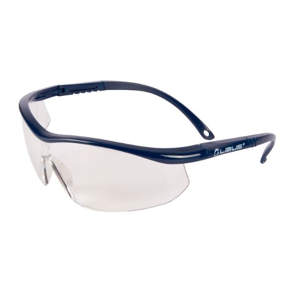 Gafas de seguridad con lentes transparentes y marco azul oscuro.