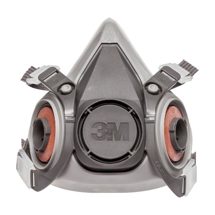 Respirador 3M gris con dos puertos de cartucho y correas ajustables.