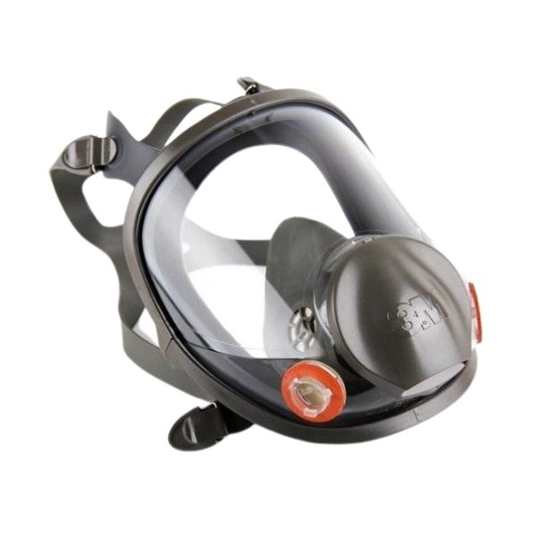 Máscara respiratoria facial completa de color gris con visera transparente, correas y carcasas de filtro de color naranja.