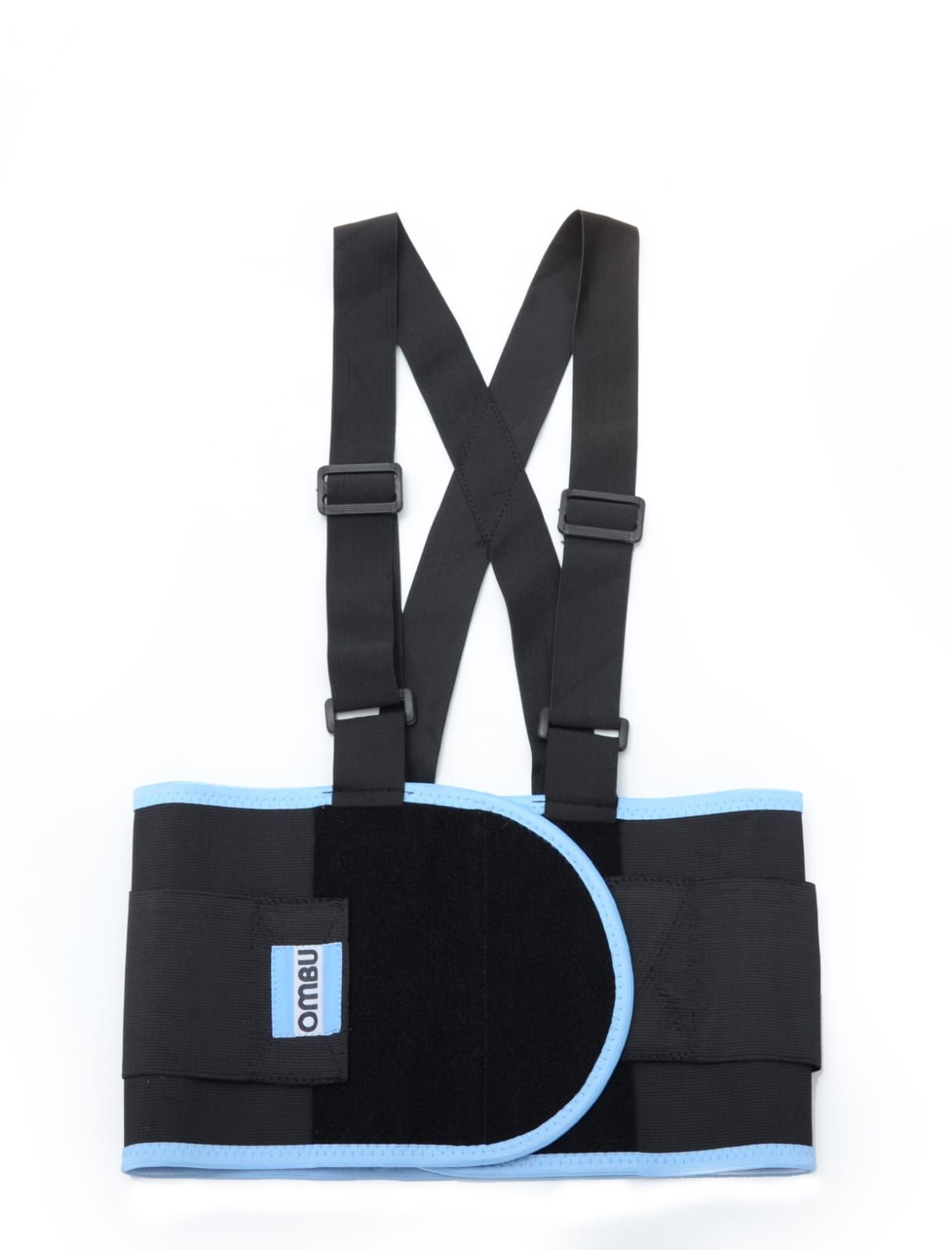 Faja de soporte para la espalda de color negro y azul con correas para los hombros, diseñada para brindar apoyo lumbar.