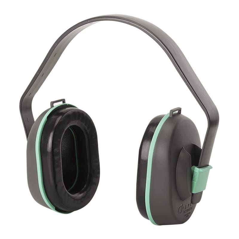 Orejeras negras y verdes con diadema acolchada, diseñadas para la reducción de ruido.