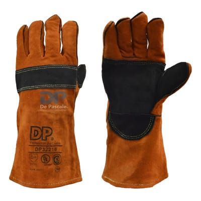 Guantes de soldadura marrones y negros con logotipo