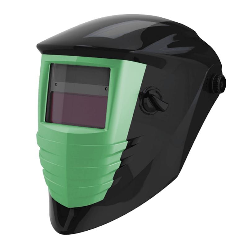 Casco de soldadura verde y negro con ventana de visualización rectangular.