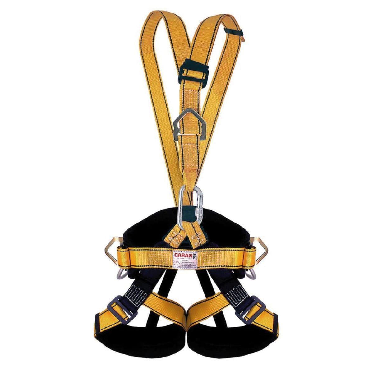 Arnés de seguridad de color amarillo y negro con correas para el pecho y las piernas