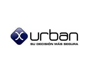 Logotipo para Urban, con un diamante azul que contiene una "X" blanca y la palabra "urban" en negro.