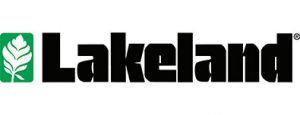 Logotipo de Lakeland: texto negro con diseño de cuadrados y hojas verdes.